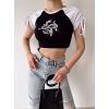 Omuz Bağlamalı Ejder Baskı Crop-SİYAH