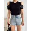 Omuz Dekolte Kaşkorse Crop-SİYAH