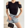 Omuz Dekolte Kaşkorse Crop-SİYAH
