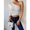 Omuz Detay Bel Kesik Crop Bluz-BEYAZ