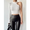 Omuz Detay Boğazlı Crop Bluz-BEYAZ