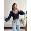 Ön Büzgülü Balon Kol Crop - LACİVERT