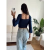 Ön Büzgülü Balon Kol Crop - LACİVERT
