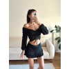 Ön Büzgülü Balon Kol Crop - SİYAH