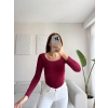 Oval Yaka Çift Kat Crop - BORDO