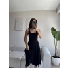 Oval Yaka Ribana Fit Elbise - SİYAH