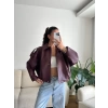 Oversize Bel Lastik Deri Ceket - BORDO