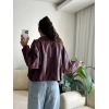 Oversize Bel Lastik Deri Ceket - BORDO