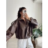 Oversize Bel Lastik Deri Ceket - KAHVE