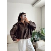 Oversize Bel Lastik Deri Ceket - KAHVE