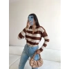 Oversize Çizgili Polo Yaka Triko-BEJKAHVE