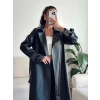 Oversize Kuşaklı Deri Trenç - SİYAH