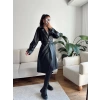 Oversize Kuşaklı Deri Trenç - SİYAH