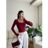 Parmak Geçmeli Kare Yaka Crop - BORDO