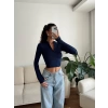 Parmak Germeli Fermuar Crop - LACİVERT
