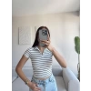 Polo Yaka Çizgili Crop - BEYAZ