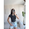 Polo Yaka Çizgili Crop - SİYAH