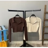 Polo Yaka Crop Bluz-KAHVE