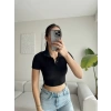 Polo Yaka Düğmeli Crop - SİYAH