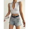 Polo Yaka Fermuar Detay Kolsuz Crop-BEYAZ