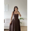 Poplin Kare Yaka Prenses Elbise - KAHVE