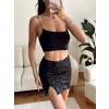 Pul Payetli Yırtmaçlı Mini Etek - SİYAH