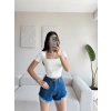 Püsküllü Kot Şort - KOYU MAVİ