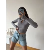 Şardonlu Fermuar Detay Crop Bluz-GRİ