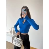 Şardonlu Fermuar Detay Crop Bluz-MAVİ