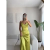 Saten Sırt Dekolte Askılı Elbise - YEŞİL