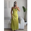 Saten Sırt Dekolte Askılı Elbise - YEŞİL