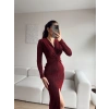 Simli Kruvaze Yaka Büzgü Elbise - BORDO