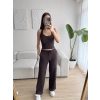 Sırt Dekolte Crop & Pantolon Takım - KAHVE