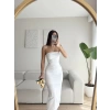 Straplez Arkası Yırtmaçlı Elbise - BEYAZ