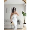 Straplez Arkası Yırtmaçlı Elbise - BEYAZ