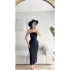 Straplez Arkası Yırtmaçlı Elbise - SİYAH
