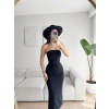 Straplez Arkası Yırtmaçlı Elbise - SİYAH