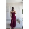 Straplez Eteği Şifon Elbise - BORDO