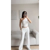 Tek Omuz Crop & Pantolon Takım - BEYAZ