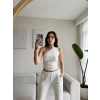 Tek Omuz Crop & Pantolon Takım - BEYAZ