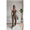 Tek Omuz Crop & Pantolon Takım - KAHVE