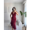 Tokalı Degaje Yaka Elbise - BORDO