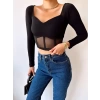 Tül Detay Biyeli Crop Bluz-SİYAH