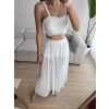 Tül Etek Kare Yaka Crop Takım - BEYAZ