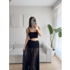 Tül Etek Kare Yaka Crop Takım - SİYAH