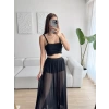 Tül Etek Kare Yaka Crop Takım - SİYAH