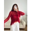 Tül Volanlı Tasarım Bluz - BORDO