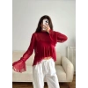 Tül Volanlı Tasarım Bluz - BORDO