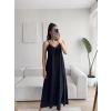 V Yaka Askılı Uzun Keten Elbise - SİYAH