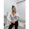 V Yaka Kol İspanyol Crop - BEYAZ
